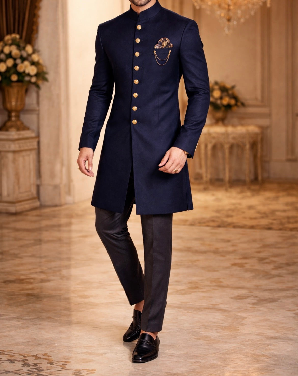 Royal Dark Navy Blue Sherwani for Men with Gold Buttons – Premium Wedding & Engagement Wear