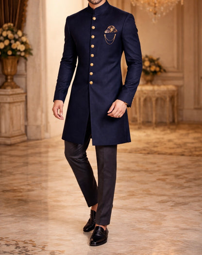 Royal Dark Navy Blue Sherwani for Men with Gold Buttons – Premium Wedding & Engagement Wear