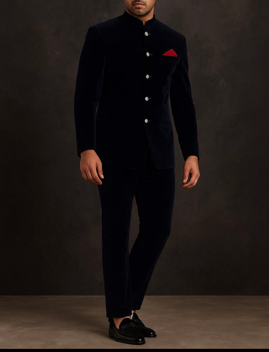 Royal Navy Blue Velvet Bandhgala for Men | Classic Wedding & Reception Outfit by Ihtifal