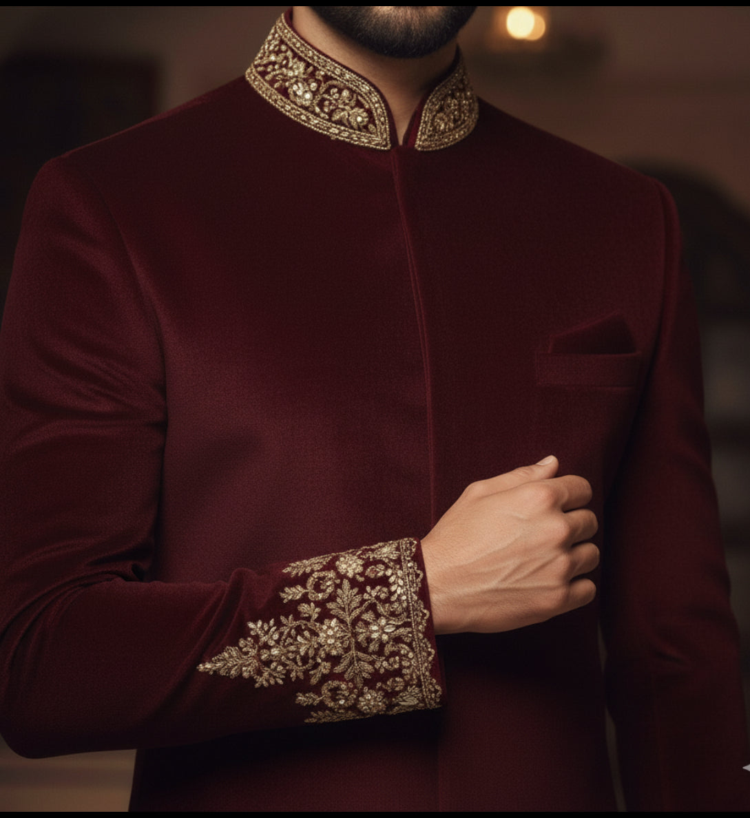 Maroon Velvet Sherwani with Hand Embroidery – Regal Wedding & Festive Attire