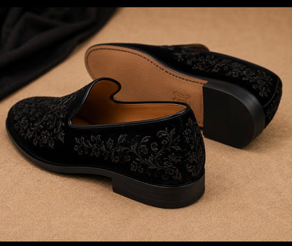 Men’s Premium Black Velvet Embroidered Loafers | Luxury Wedding & Party Slip-On Shoes