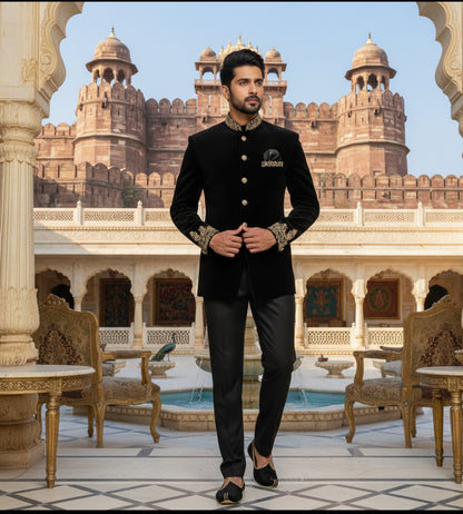 Black Velvet Jodhpuri Suit with Hand Embroidery – Royal Wedding & Festive Wear