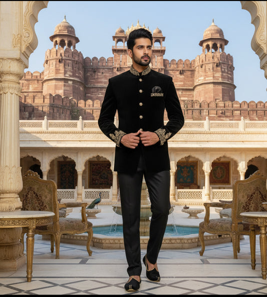 Black Velvet Jodhpuri Suit with Hand Embroidery – Royal Wedding & Festive Wear