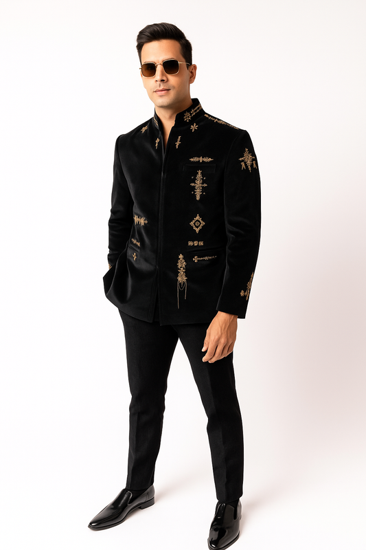 Regal Black Velvet Bandhgala with Antique Gold Embroidery