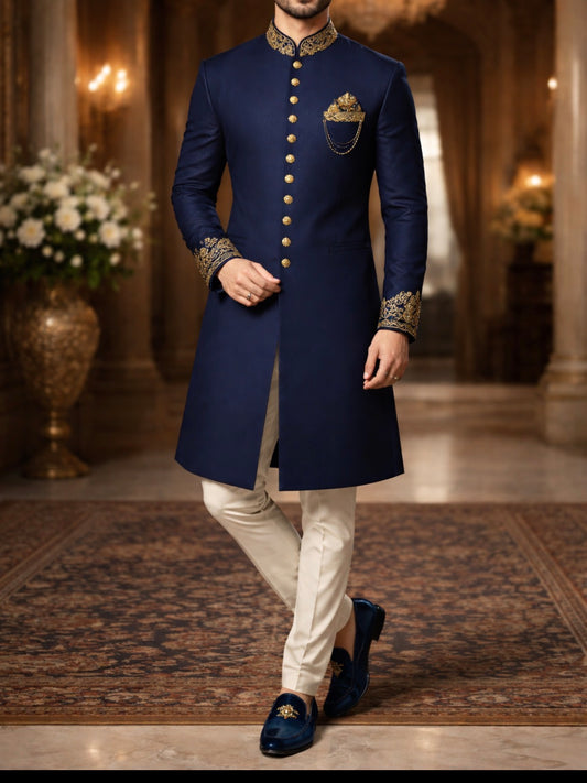 Royal Navy Blue Plain Sherwani for Men | Premium Wedding & Festive Wear