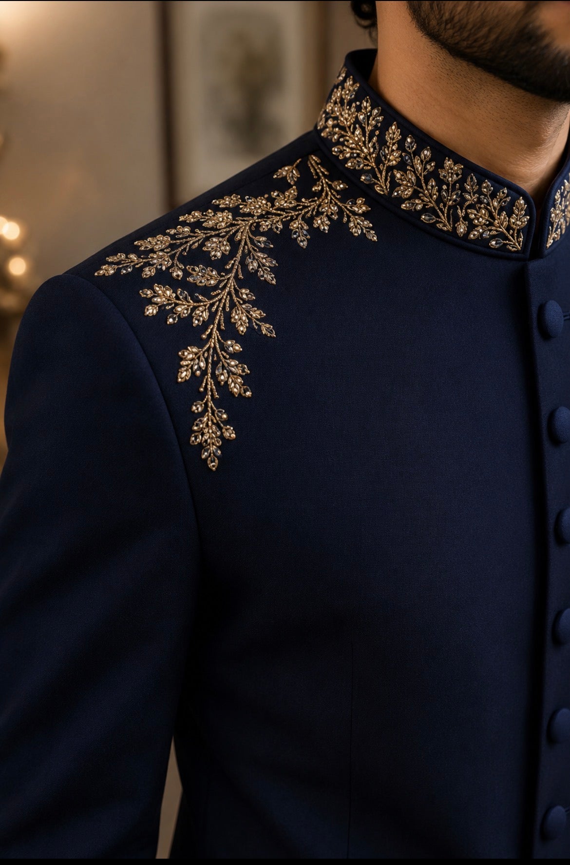 Luxury Dark Navy Blue Embroidered Bandhgala Set for Men with White Trousers | Premium Wedding & Reception Indo Western | Ihtifal