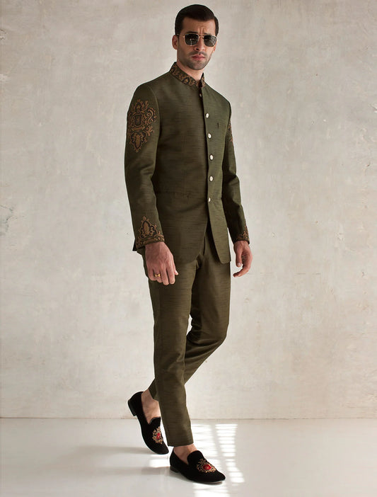 Olive Green Bandhgala with Embroidery
