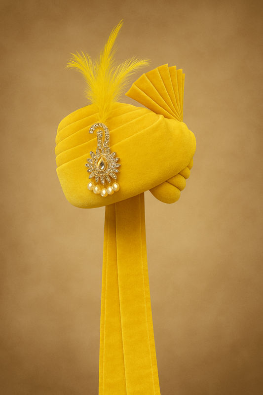Yellow Safa with Feather & Brooch – Groom Pagdi for Haldi & Wedding