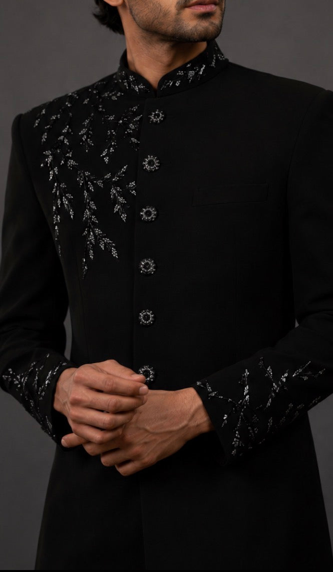 Men’s Black Embroidered Sherwani – Premium Designer Wedding & Reception Sherwani with Hand Embellished Collar & Sleeves | Luxury Ethnic Wear for Groom, Engagement & Festive Occasions