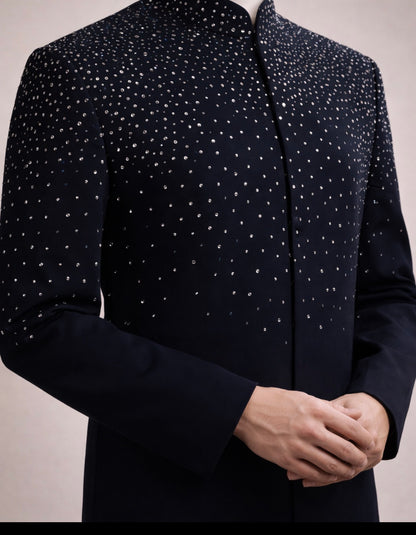 Navy Blue Crystal Embellished Designer Sherwani for Weddings & Reception