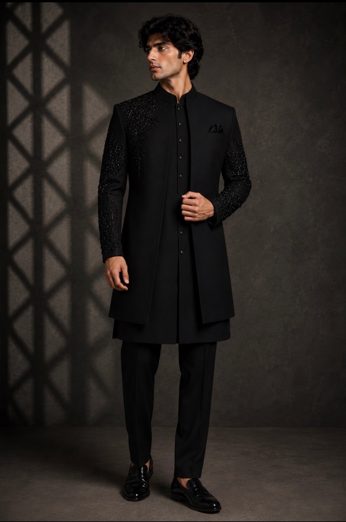 Royale Black Embroidered 3-Piece Indo Western for Men – Premium Designer Wedding, Reception & Engagement Outfit