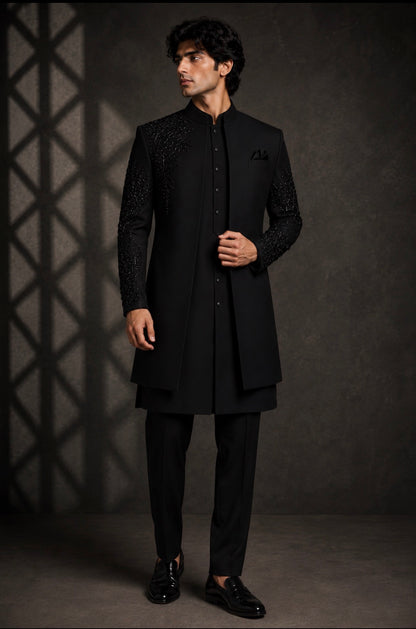 Royale Black Embroidered 3-Piece Indo Western for Men – Premium Designer Wedding, Reception & Engagement Outfit