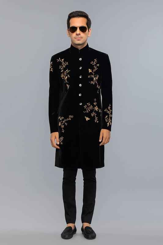 Black Velvet Sherwani with Antique Gold Floral Embroidery