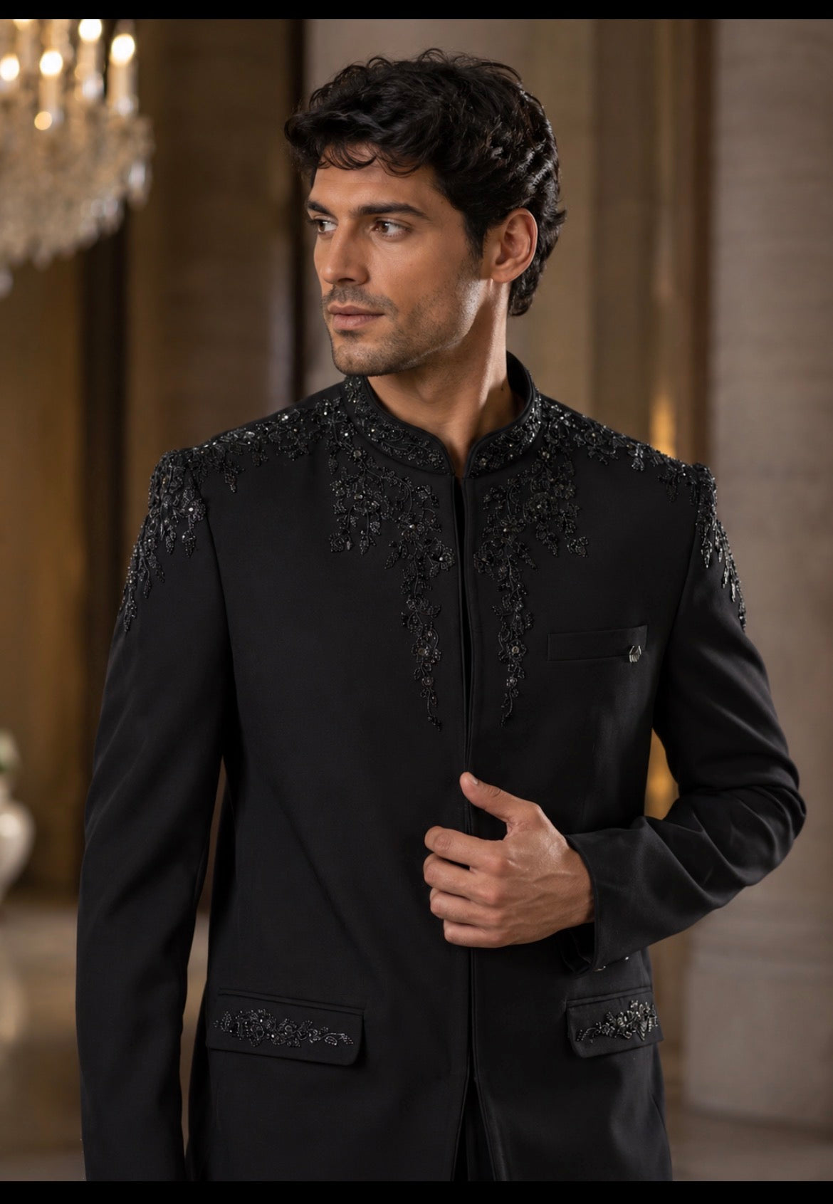Luxury Black Embroidered Bandhgala for Men – Designer Wedding Reception Outfit