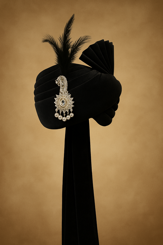 Royal Black Safa with Black Feather & Brooch – Groom Pagdi for Wedding