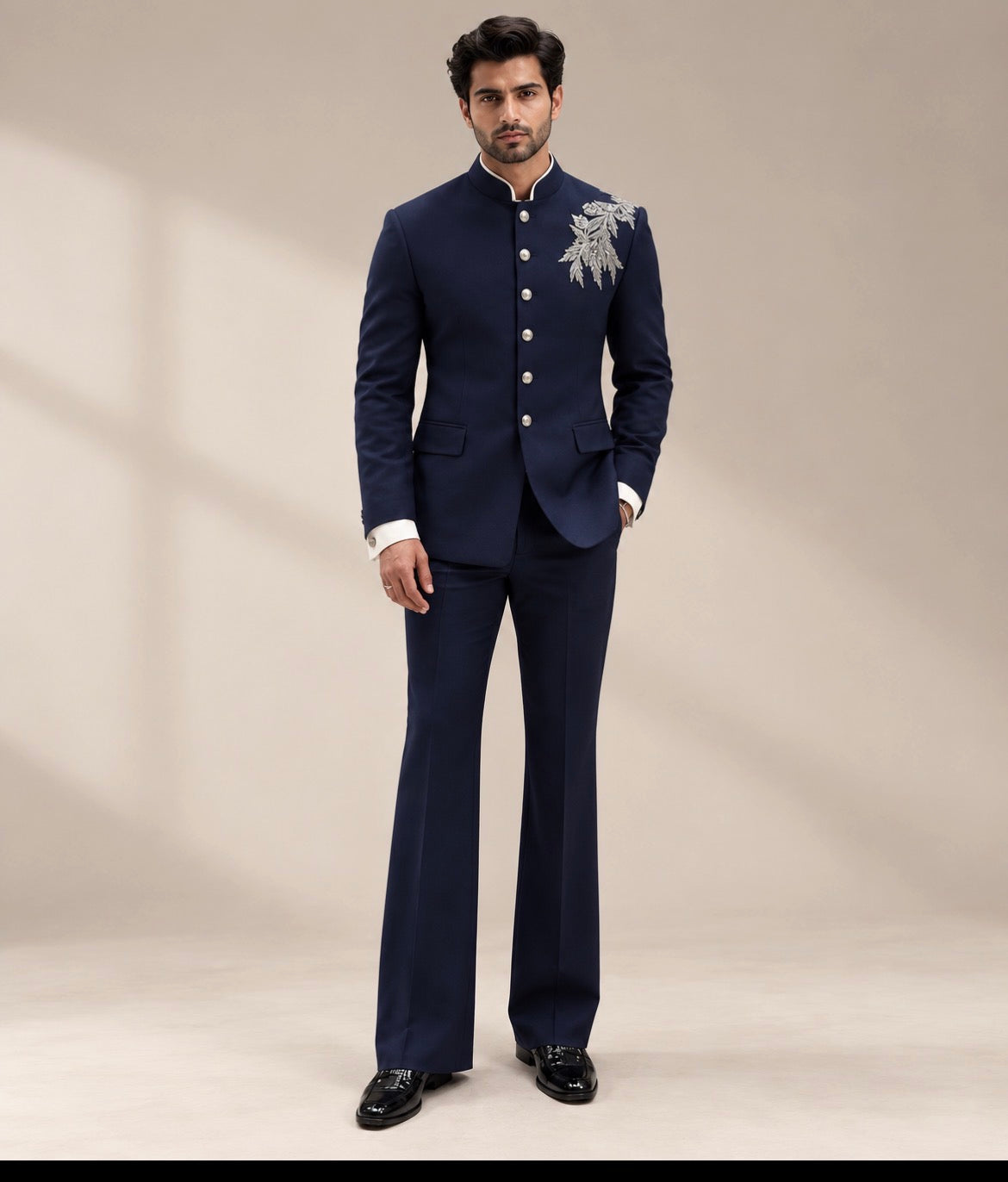 Navy Blue Embroidered Bandhgala Suit for Men | Ihtifal