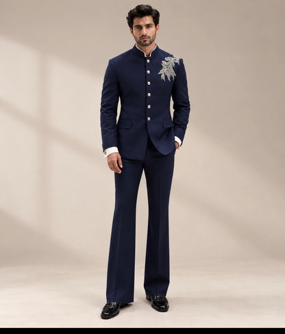 Navy Blue Embroidered Bandhgala Suit for Men | Ihtifal