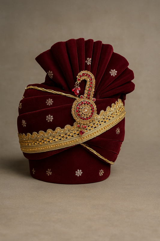 Royal Maroon Velvet Wedding Safa with Gold & Ruby Embellishments | Groom Turban for Sherwani