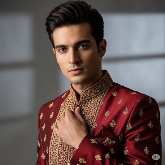 Royal Maroon Sherwani with Antique Gold Zari Embroidery