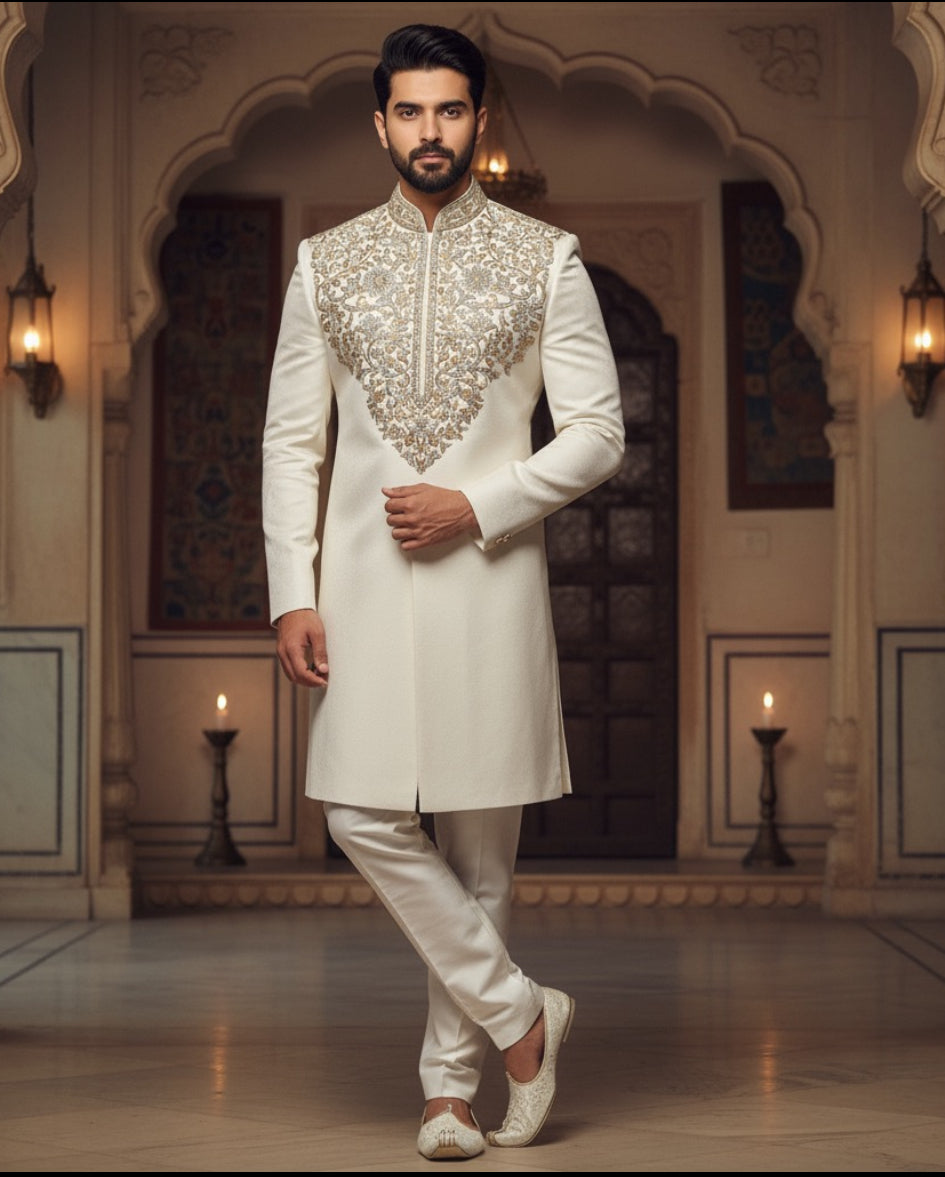 Off White Raw Silk Sherwani with Intricate Hand Embroidery – Luxury Wedding & Festive Wear