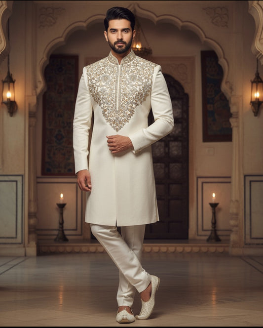 Off White Raw Silk Sherwani with Intricate Hand Embroidery – Luxury Wedding & Festive Wear
