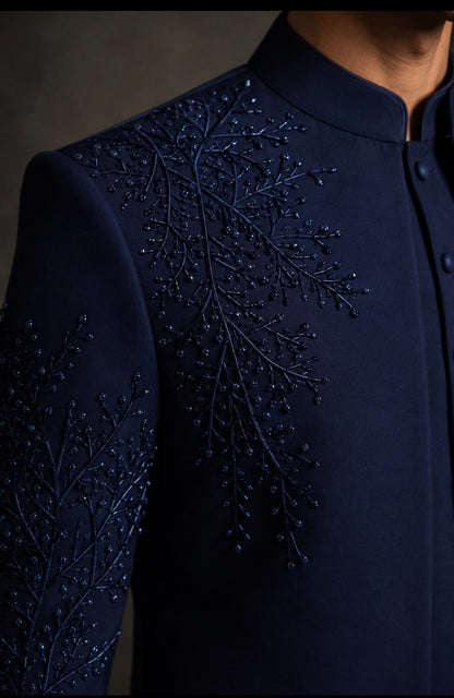 Midnight Navy Embroidered Indo Western Set for Men
