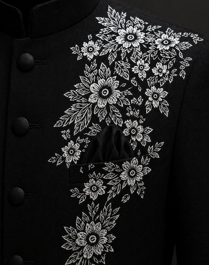 Midnight Black Embroidered Bandhgala Set for Men | Premium Floral Wedding & Reception Wear by Ihtifal