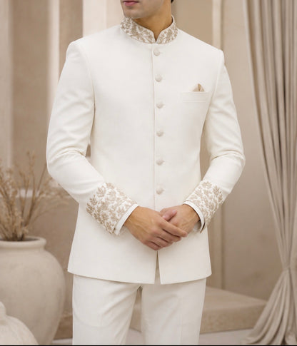 Premium White Embroidered Bandhgala Suit for Men | Luxury Wedding & Reception Indo Western | Designer Ethnic Wear