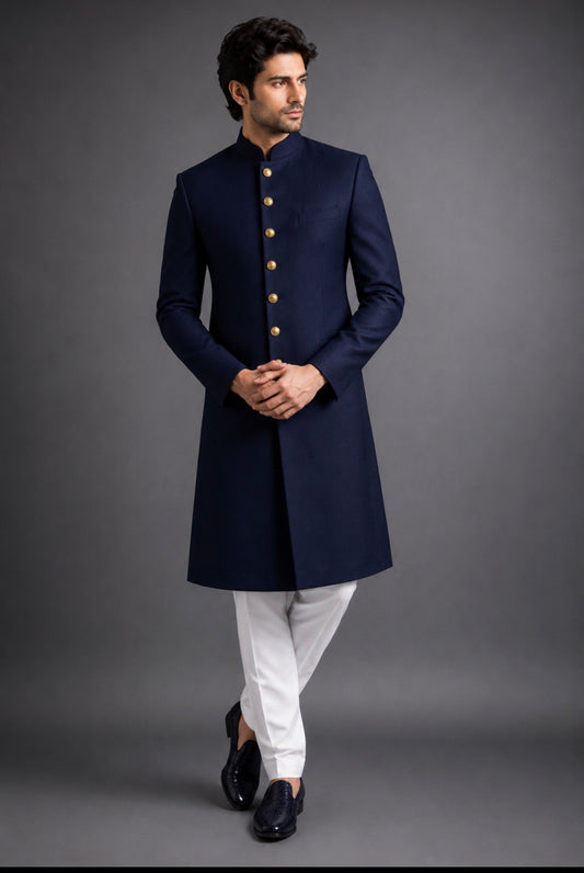 Premium Dark Navy Blue Sherwani for Men with Gold Buttons | Wedding, Reception & Engagement Wear