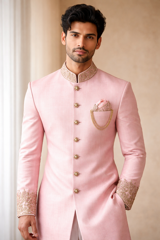 Premium Blush Pink Embroidered Sherwani for Men – Wedding & Festive Designer Indo-Western Outfit