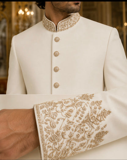 Ivory White Embroidered Sherwani for Men | Premium Wedding & Groom Sherwani with Handcrafted Collar & Sleeve Embroidery | Ihtifal