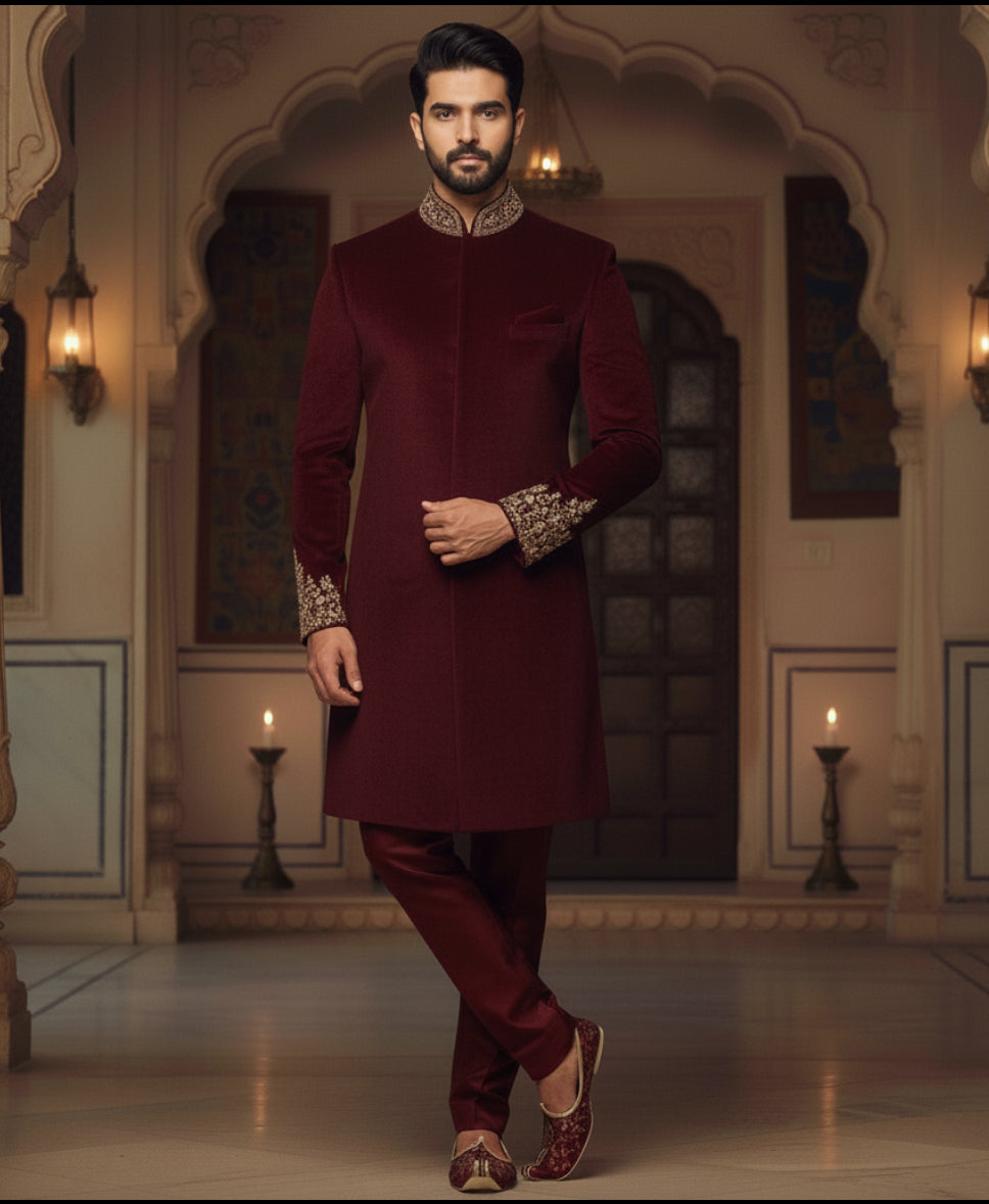 Maroon Velvet Sherwani with Hand Embroidery – Regal Wedding & Festive Attire