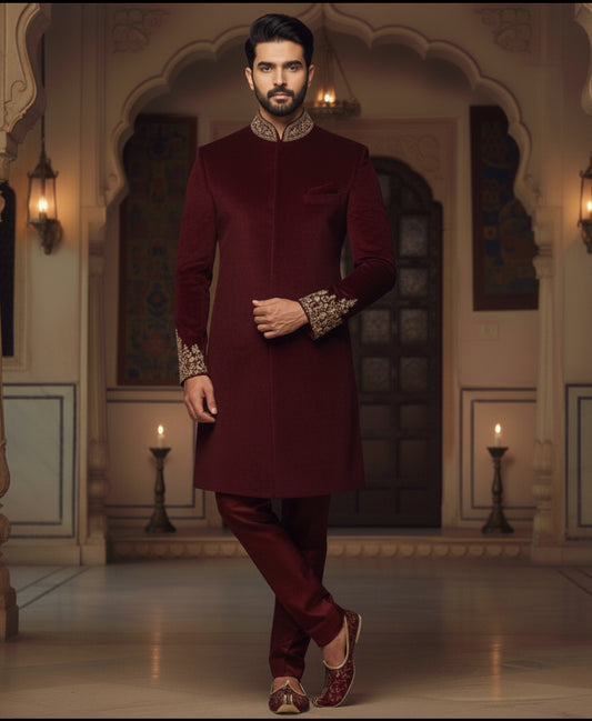 Maroon Velvet Sherwani with Hand Embroidery – Regal Wedding & Festive Attire