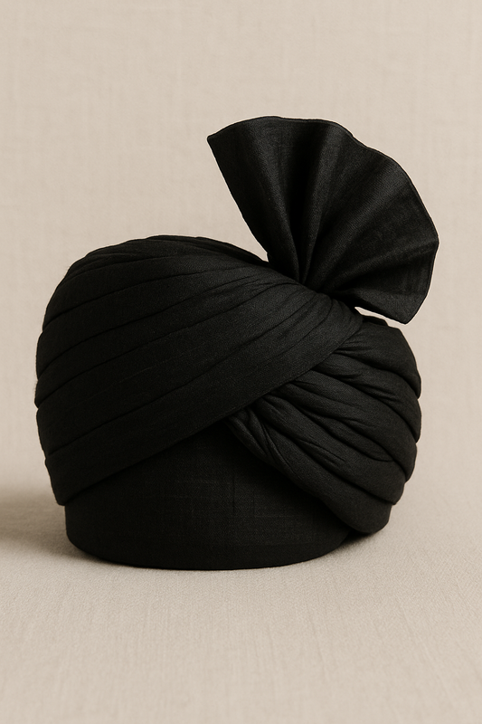 Regal Black Raw Silk Safa – Groom’s Ceremonial Turban for Wedding & Festive Wear