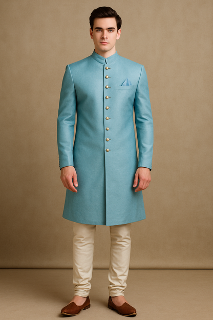 Premium Light Blue Raw Silk Sherwani