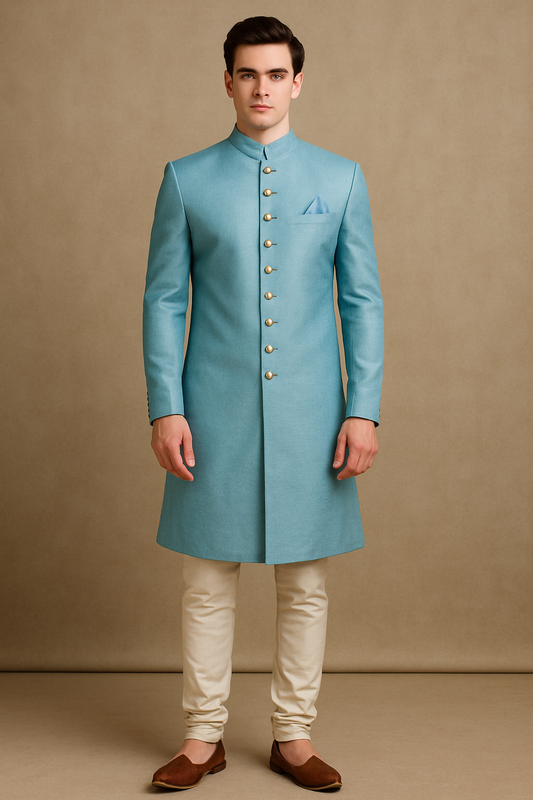 Premium Light Blue Raw Silk Sherwani