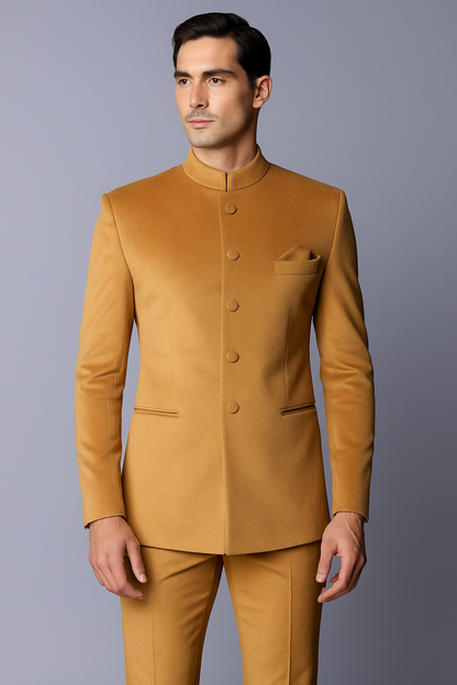 Camel Velvet Bandhgala