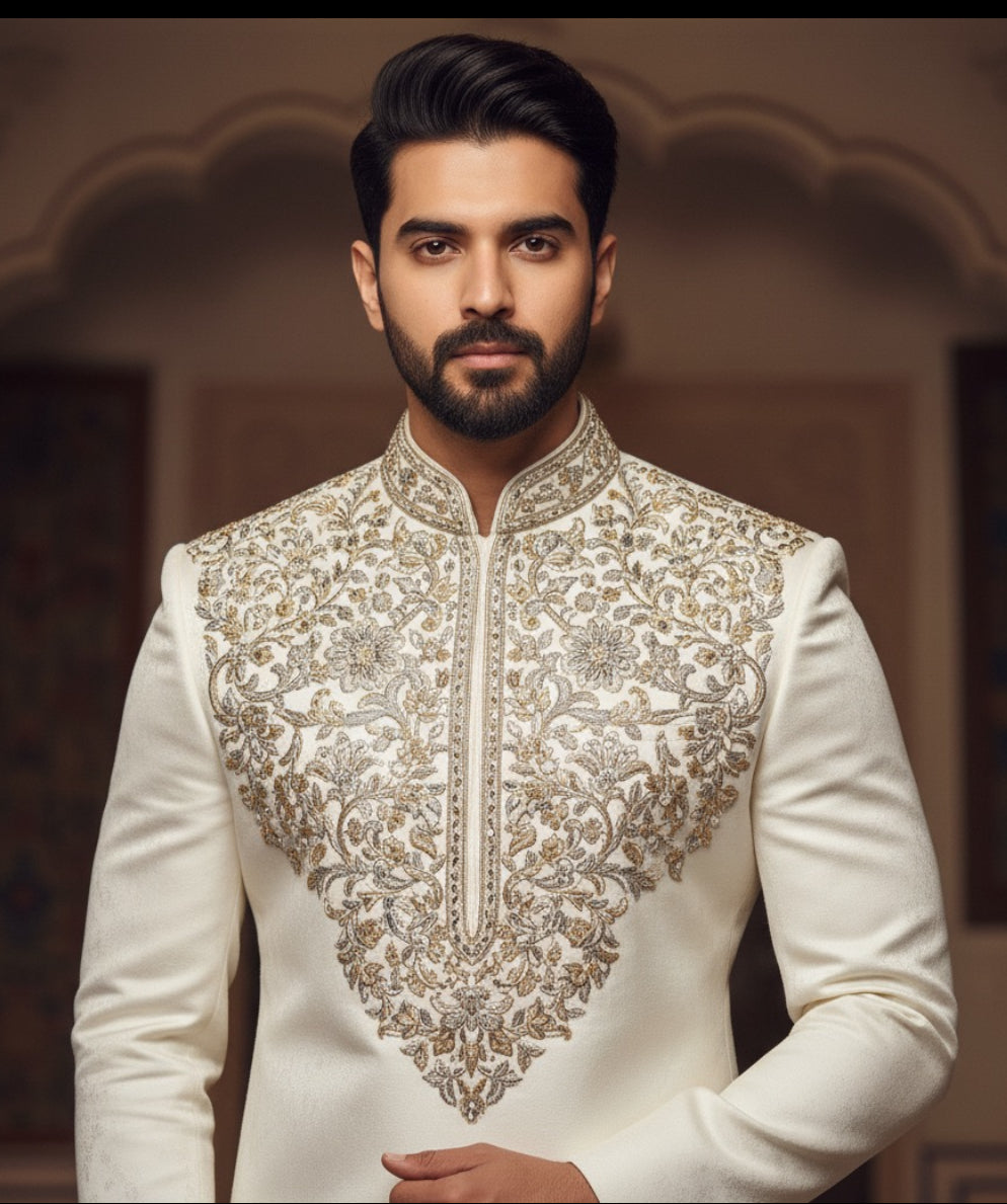 Off White Raw Silk Sherwani with Intricate Hand Embroidery – Luxury Wedding & Festive Wear