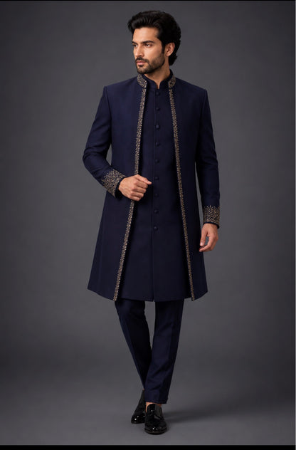 Navy Blue Embroidered Indo Western for Men | Designer Wedding & Groom Sherwani