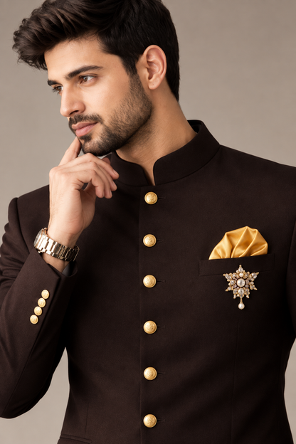 Brown Bandhgala Suit for Men | Premium Brown Jodhpuri Suit with Gold Buttons
