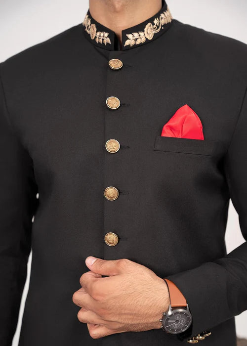 Classic Black Collar Embroidered Sherwani
