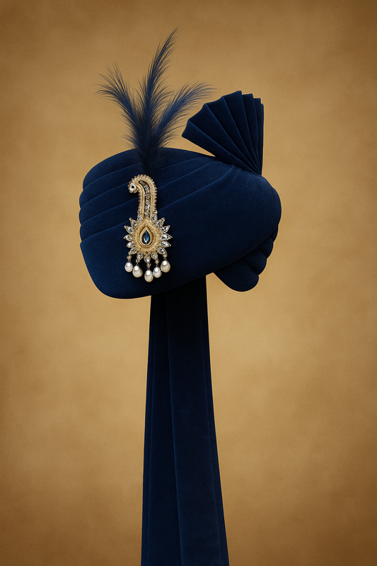 Royal Navy Blue Groom Pagdi with Brooch & Feather