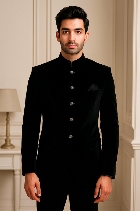 Royal Black Velvet Bandhgala for Men – Perfect for Weddings & Festive Wear
