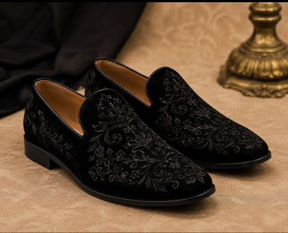 Men’s Premium Black Velvet Embroidered Loafers | Luxury Wedding & Party Slip-On Shoes