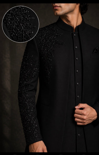 Royale Black Embroidered 3-Piece Indo Western for Men – Premium Designer Wedding, Reception & Engagement Outfit