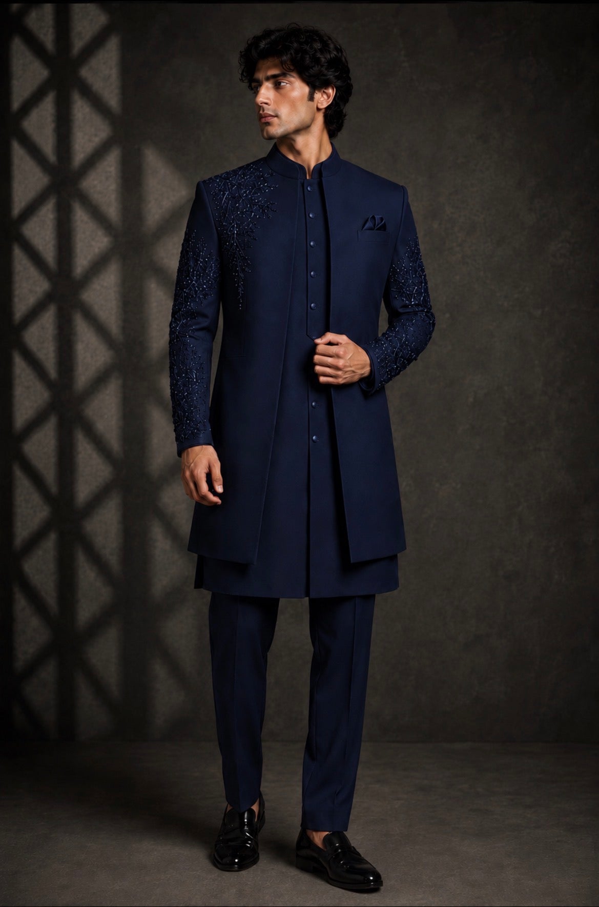 Midnight Navy Embroidered Indo Western Set for Men