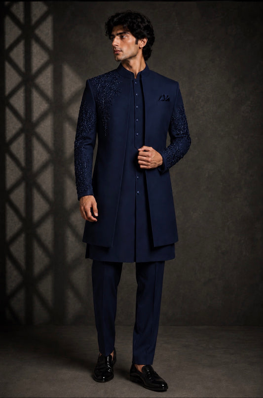 Midnight Navy Embroidered Indo Western Set for Men