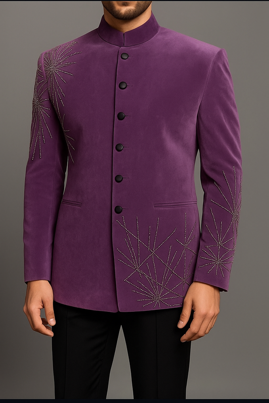 Luxury Purple Velvet Bandhgala with Crystal Embroidery – Designer Men’s Wedding & Party Wear