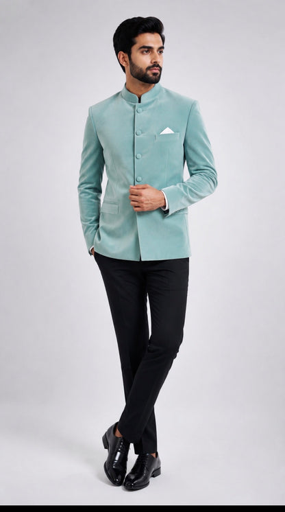 Blue Suede Velvet Bandhgala for Men | Premium Nehru Jacket | Wedding & Party Wear