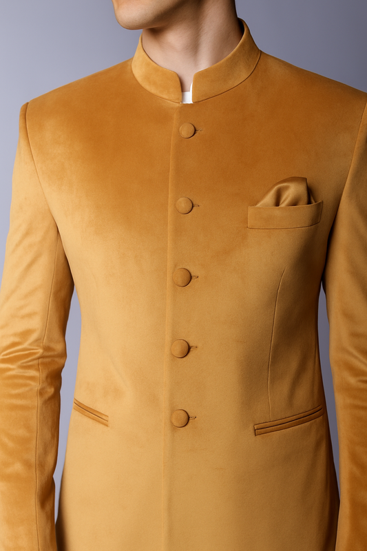 Camel Velvet Bandhgala